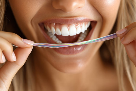Closeup of young woman brushing her teeth with dental floss.の素材