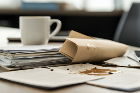 Close up of a stack of papers and a cup of coffee on the tableの素材