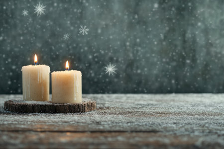 Christmas candles on a wooden background with snowflakes and copy spaceの素材
