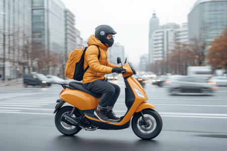 Young man driving a scooter in the city. Side view.の素材