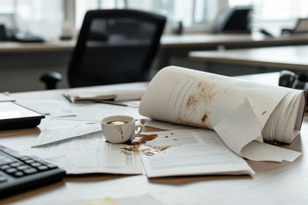 Coffee cup and papers on table in modern office, selective focusの素材
