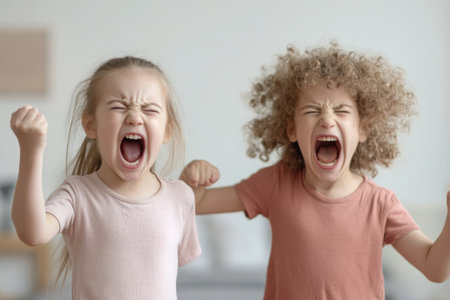 Angry little girls shouting at each other in living room at homeの素材