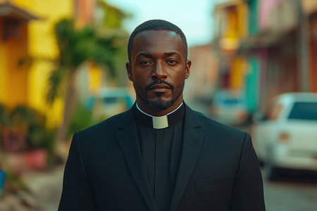 Portrait of a young African American priest in a churchの素材