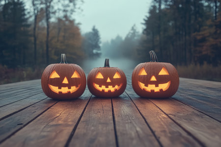 Halloween pumpkins on wooden table in foggy forest, filtered imageの素材
