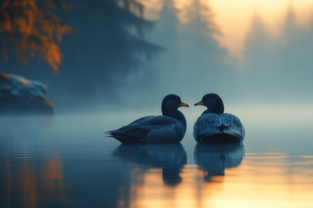 Two ducks on a lake in a foggy morning. Finland.の素材