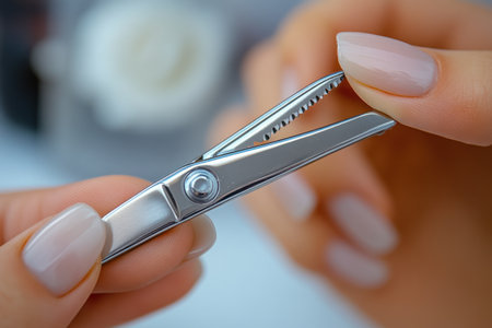Manicure. Close-up of manicurist hands holding nail fileの素材