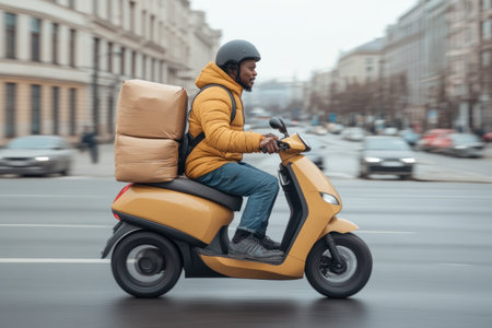 delivery man riding scooter on city street with package in bagの素材