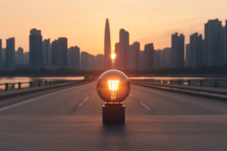 Glowing light bulb on asphalt road with modern city skyline background.の素材