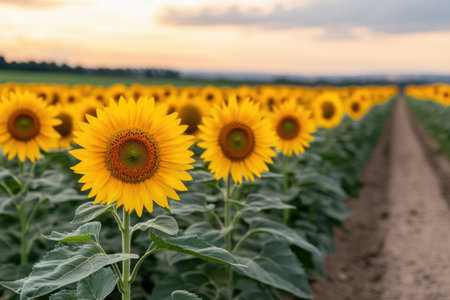 Sunflower field at sunset. Sunflowers blooming in summer.の素材