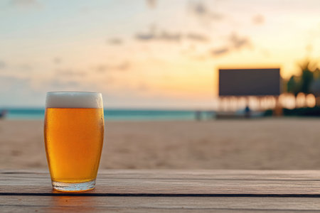 Glass of beer on a wooden table at the beach during sunset.の素材