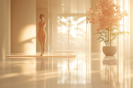 Beautiful young woman practicing yoga in the room. 3d renderingの素材