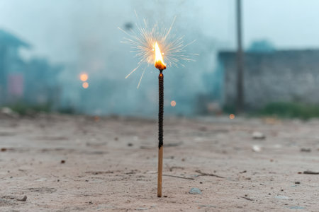 Burning candle on the ground with smoke and fog in the backgroundの素材