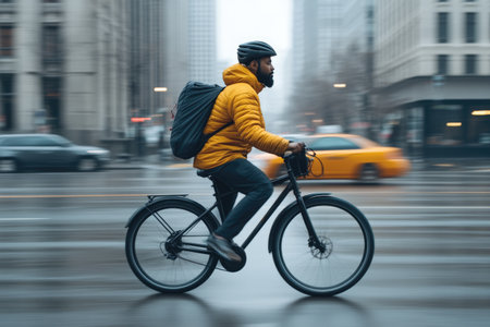 Young man riding a bicycle in New York City, wearing yellow jacket.の素材