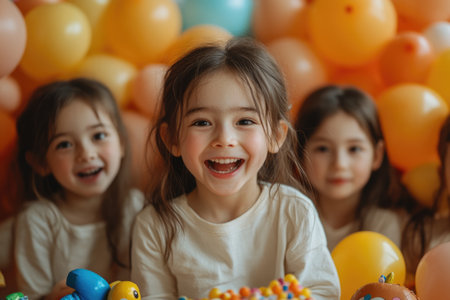 Happy little girl playing with her friends at the birthday party in the room with balloonsの素材