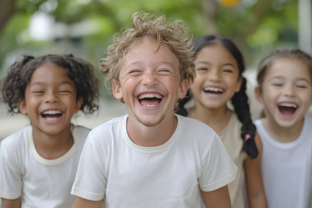 Portrait Of Group Of Children Laughing Outdoors In Park Togetherの素材