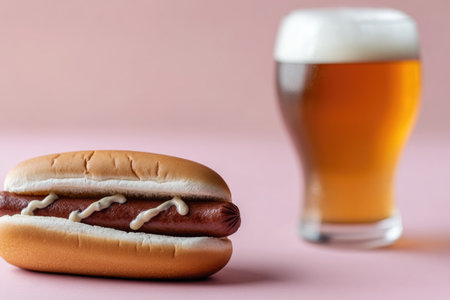 Hot dog with mustard and a glass of beer on a pink backgroundの素材
