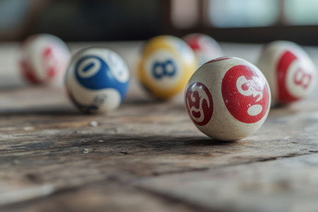 Bingo balls on old wooden table, shallow depth of field.の素材