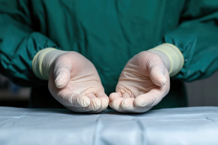 Surgeon hands in sterile gloves in operating theater, closeup viewの素材
