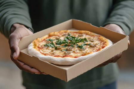 Man holding pizza in cardboard box, closeup. Food delivery serviceの素材