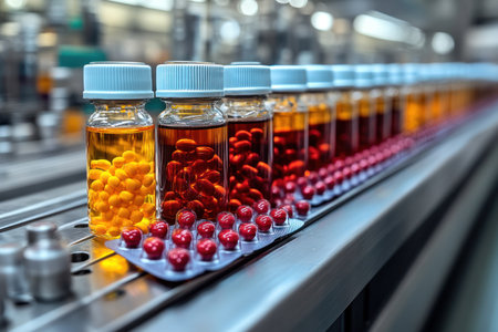 Laboratory glassware with red and yellow pills on conveyor beltの素材