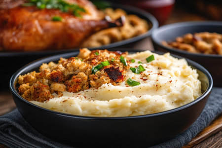 Bowls of homemade mashed potatoes with roasted turkey or chicken.の素材