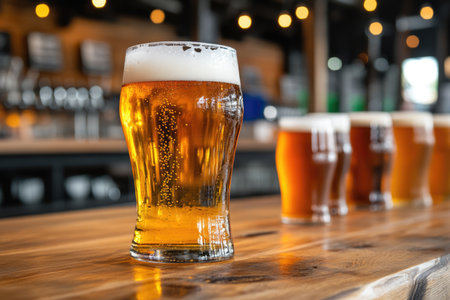 Glass of beer on a wooden table in a pub or restaurant.の素材