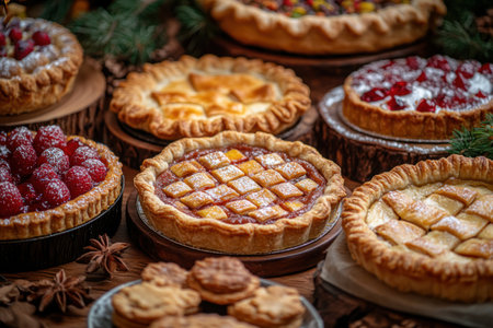 Close-up of homemade pie with berries and jam on a wooden backgroundの素材