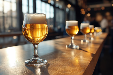 Glasses of beer on wooden table in pub, closeup viewの素材