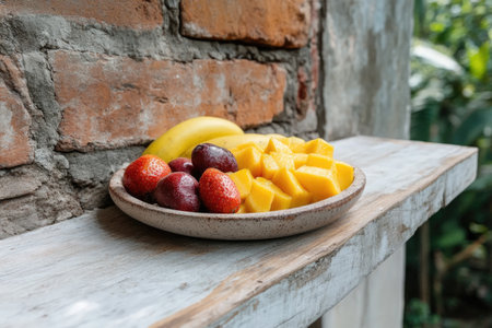 Plate of fresh fruits on wooden table with brick wall background.の素材