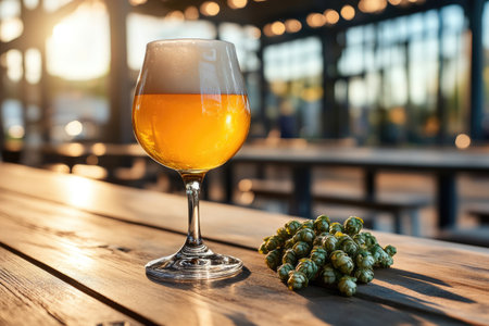 A glass of beer on a wooden table in a pub or restaurantの素材