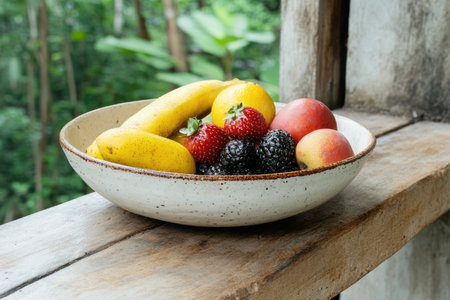 Fresh fruits in a bowl on a wooden table with a natural backgroundの素材