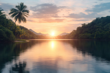 Beautiful sunset over the lake with coconut trees and mountain background.の素材
