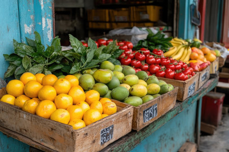 Fresh fruits and vegetables for sale at the market stall in India.の素材