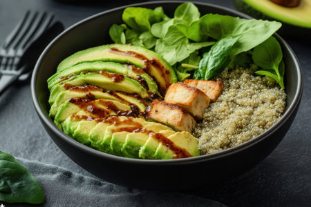 Healthy Buddha bowl with quinoa, avocado, grilled chicken and spinachの素材