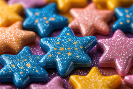 Colorful star shaped candies on a pink background, close upの素材