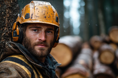 Portrait of a lumberjack in a protective helmet on a logging siteの素材