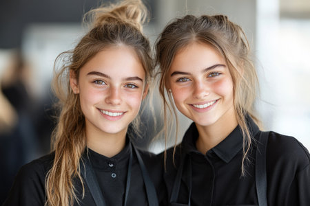 Portrait of two smiling teenage girls with ponytails looking at cameraの素材