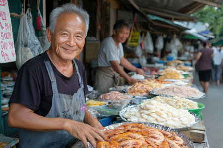 Asian old man selling seafood in the street market of Bangkok, Thailandの素材