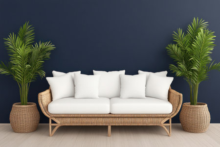 Interior of modern living room with wicker sofa and plants - renderingの素材
