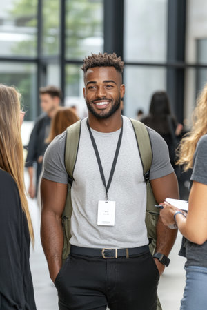 Portrait of happy African American man smiling and looking at camera while standing in modern officeの素材