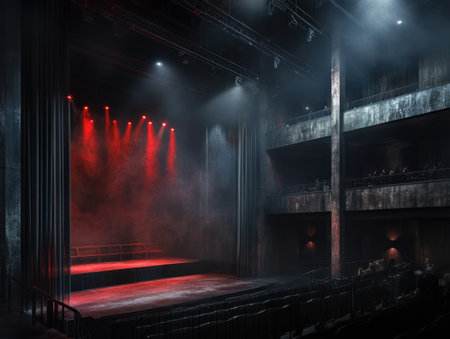 Theater stage with red lighting, smoke, fog and spotlightsの素材