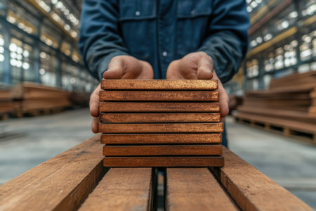 Warehouse worker or warehouse worker stacking wood plank in warehouse, stock photoの素材