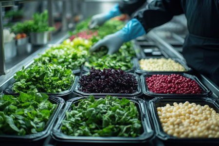 cropped view of worker in latex gloves holding tray with fresh vegetablesの素材