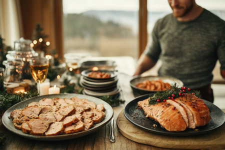 Christmas dinner with grilled salmon on a rustic wooden table with Christmas decorations and candles.の素材