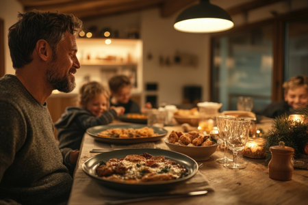 Happy father and son having Christmas dinner at home. Family and christmas concept.の素材