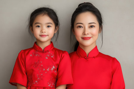 Portrait of Asian mother and daughter wearing red cheongsamの素材