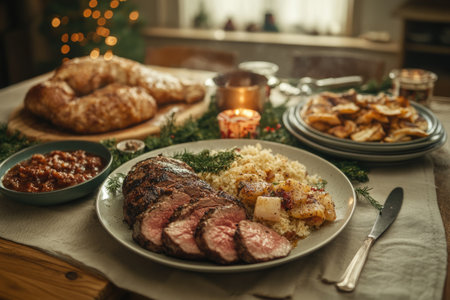 Traditional Christmas dinner with roast beef and couscous on a rustic wooden tableの素材