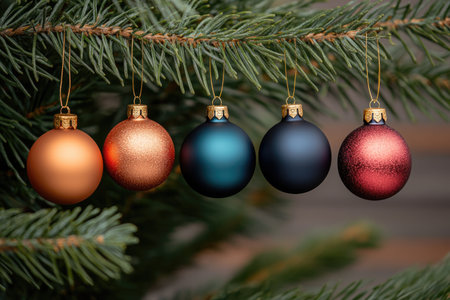 Christmas tree decoration with red, blue and gold baubles.の素材