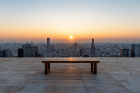 empty marble floor with cityscape and skyline of Tokyo at sunsetの素材