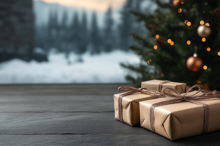 Christmas gift boxes on wooden table in front of blurred window with Christmas treeの素材